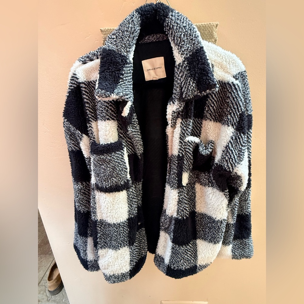 Thread & Supply Black and White Checkered Teddy Jacket
